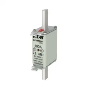 Eaton Bussmann Series 100A NH01 HRC fuse link 100NHG01B with blade contacts and red indicator on white background available from Shansen Enterprises authorized channel partner Coimbatore India