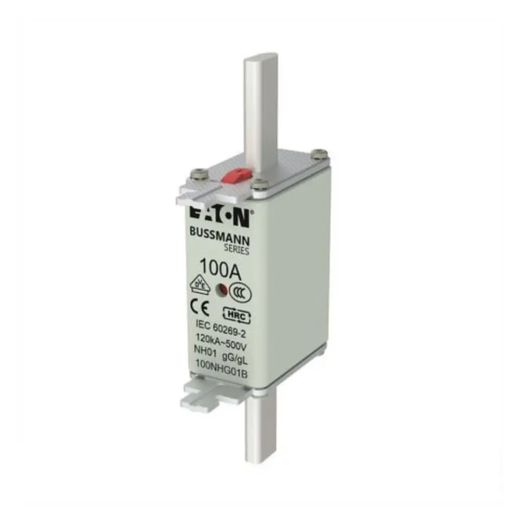 Eaton Bussmann Series 100A NH01 HRC fuse link 100NHG01B with blade contacts and red indicator on white background available from Shansen Enterprises authorized channel partner Coimbatore India