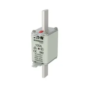 Eaton Bussmann Series 100A NH02 HRC fuse link 100NHG02B with blade contacts and red indicator on white background available from Shansen Enterprises authorized channel partner Coimbatore India