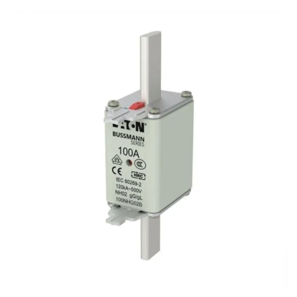 Eaton Bussmann Series 100A NH02 HRC fuse link 100NHG02B with blade contacts and red indicator on white background available from Shansen Enterprises authorized channel partner Coimbatore India