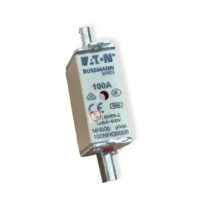 Eaton Bussmann Series 100A NH000 industrial fuse link rated 120kA at 500V with blade contacts and indicator