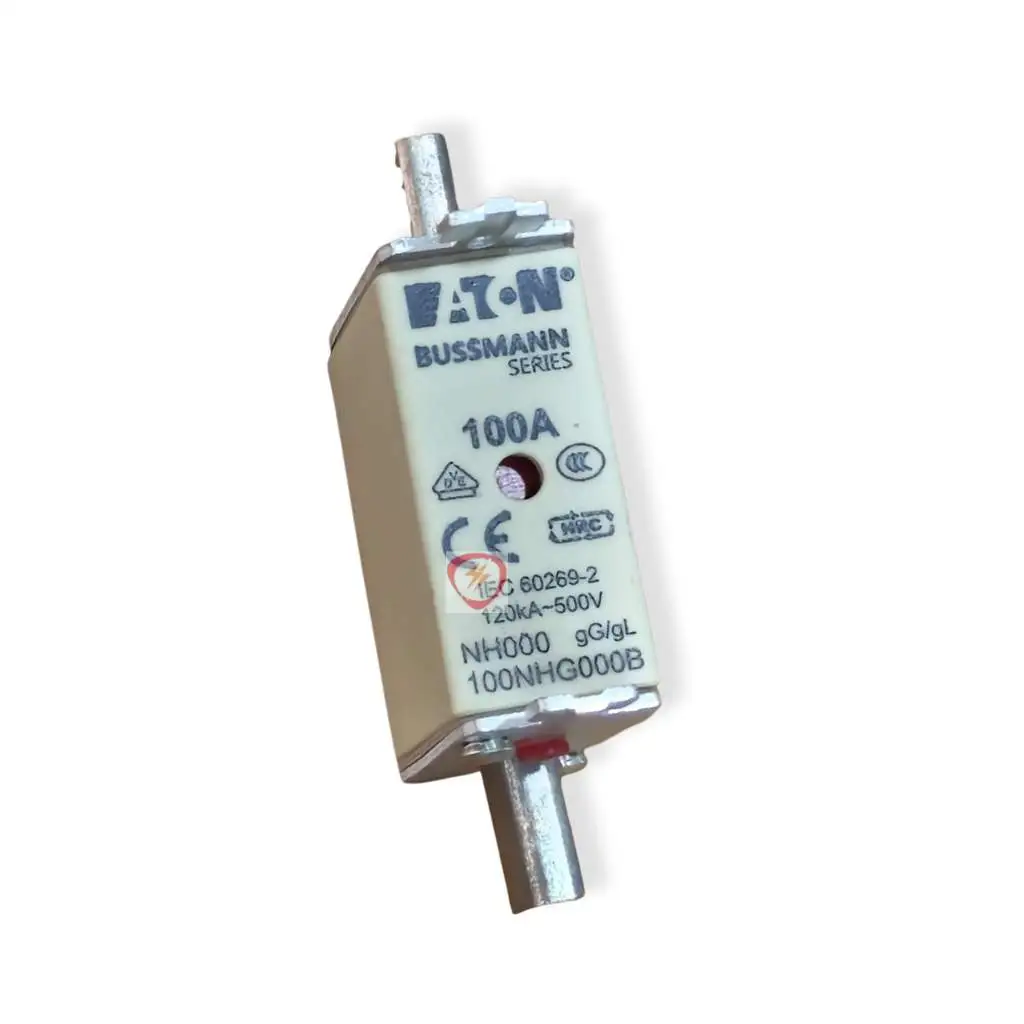 Eaton Bussmann Series 100A NH000 industrial fuse link rated 120kA at 500V with blade contacts and indicator