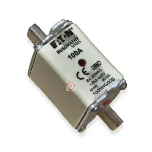 Eaton Bussmann Series 100A NH00 industrial fuse link rated 120kA at 500V with blade contacts and indicator