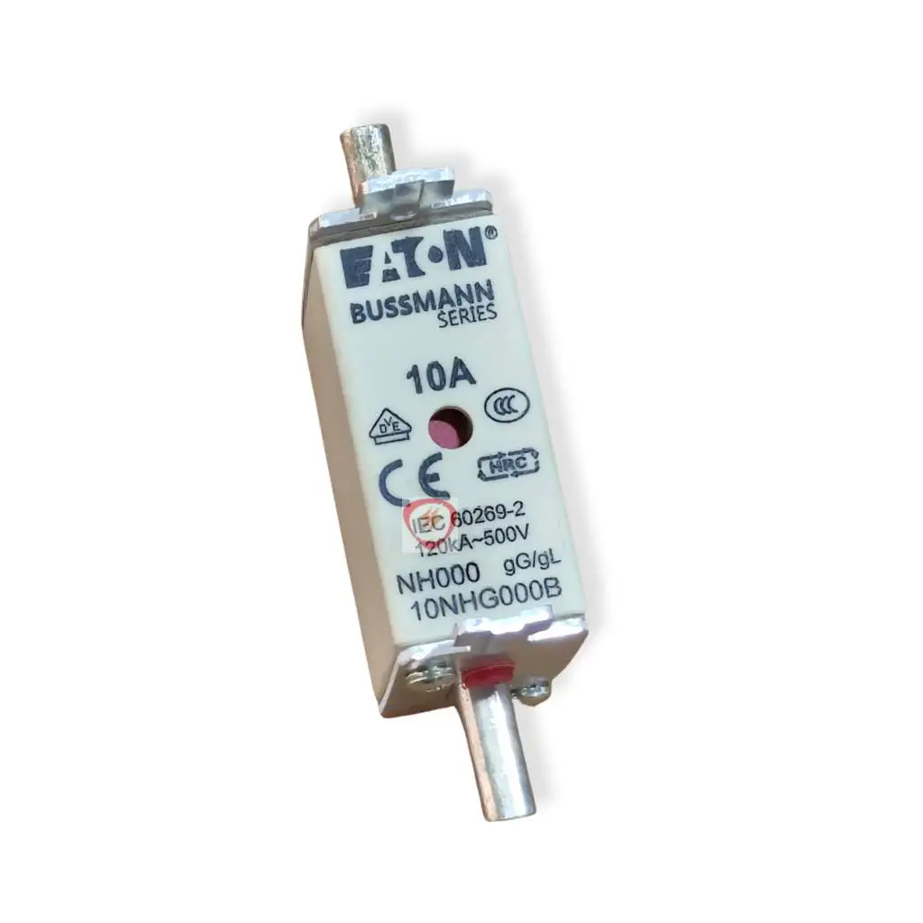 Eaton Bussmann Series 10A NH000 industrial fuse link rated 120kA at 500V with blade contacts and indicator
