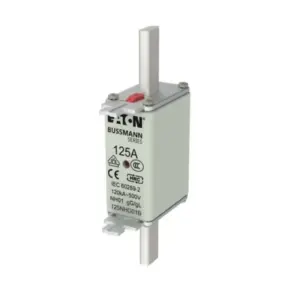 Eaton Bussmann Series 125A NH01 HRC fuse link 125NHG01B with blade contacts and red indicator on white background available from Shansen Enterprises authorized channel partner Coimbatore India