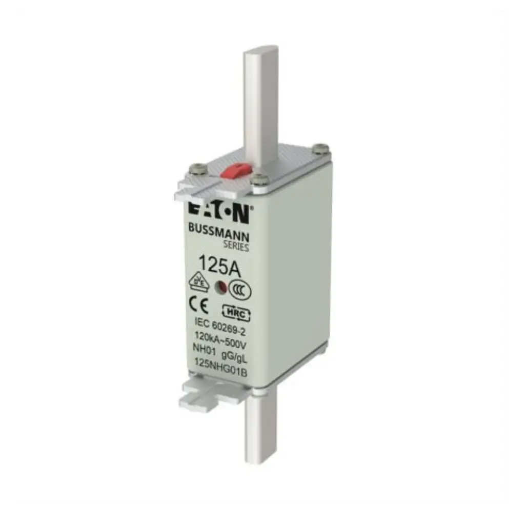 Eaton Bussmann Series 125A NH01 HRC fuse link 125NHG01B with blade contacts and red indicator on white background available from Shansen Enterprises authorized channel partner Coimbatore India