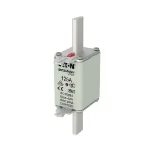 Eaton Bussmann Series 125A NH02 HRC fuse link 125NHG02B with blade contacts and red indicator on white background available from Shansen Enterprises authorized channel partner Coimbatore India