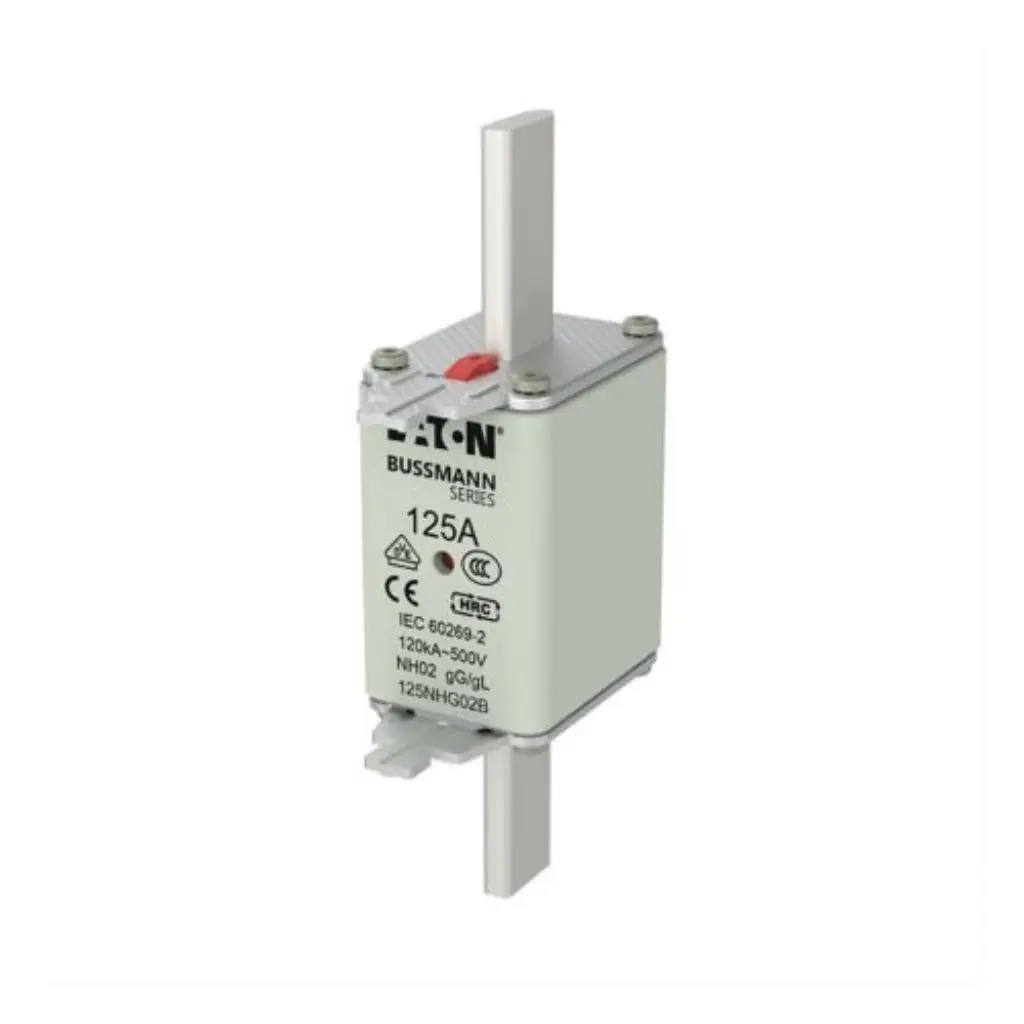 Eaton Bussmann Series 125A NH02 HRC fuse link 125NHG02B with blade contacts and red indicator on white background available from Shansen Enterprises authorized channel partner Coimbatore India