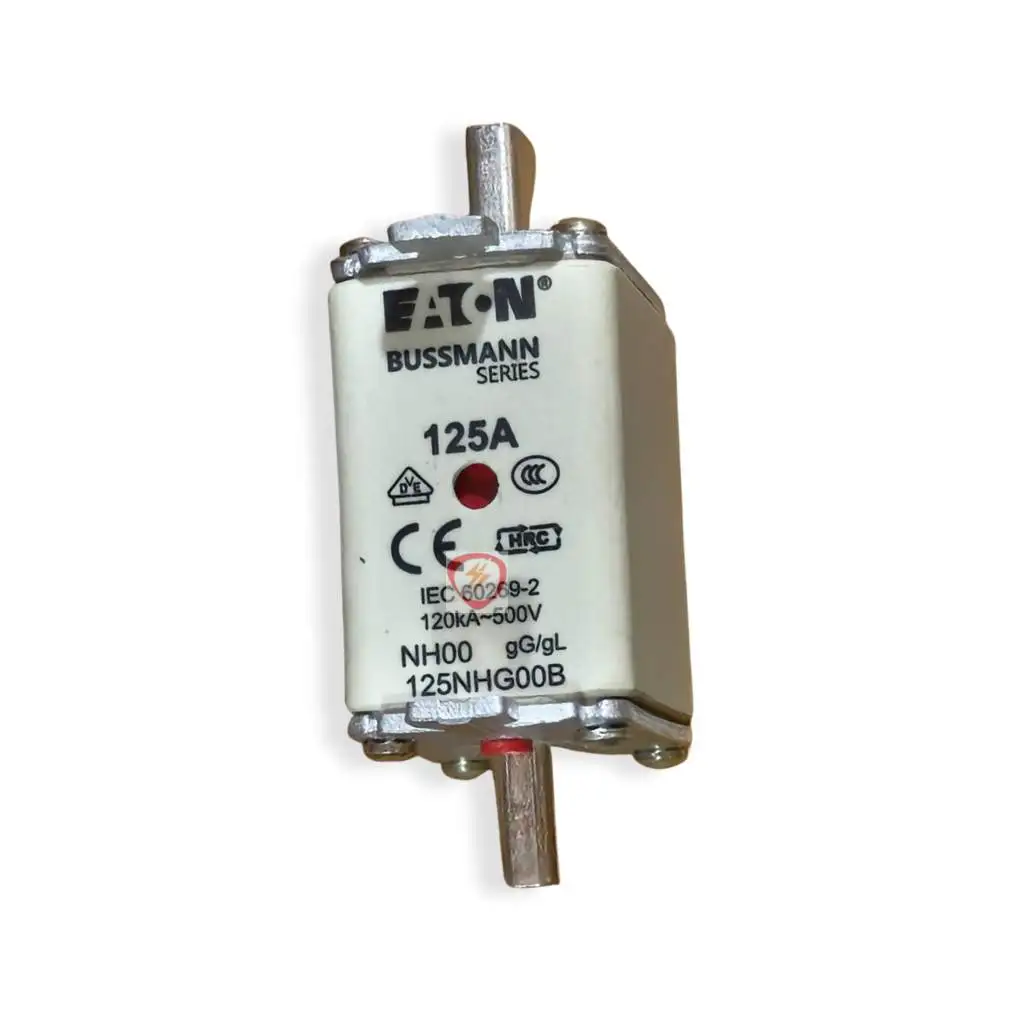 Eaton Bussmann Series 125A NH00 industrial fuse link rated 120kA at 500V with blade contacts and indicator