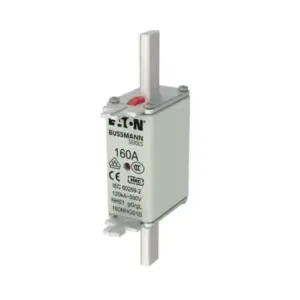 Eaton Bussmann Series 160A NH01 HRC fuse link 160NHG01B with blade contacts and red indicator on white background available from Shansen Enterprises authorized channel partner Coimbatore India