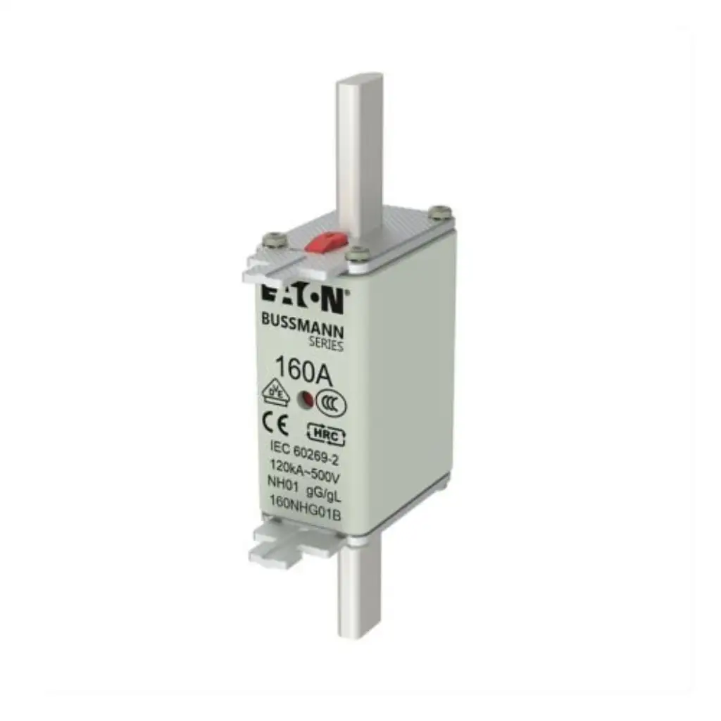 Eaton Bussmann Series 160A NH01 HRC fuse link 160NHG01B with blade contacts and red indicator on white background available from Shansen Enterprises authorized channel partner Coimbatore India