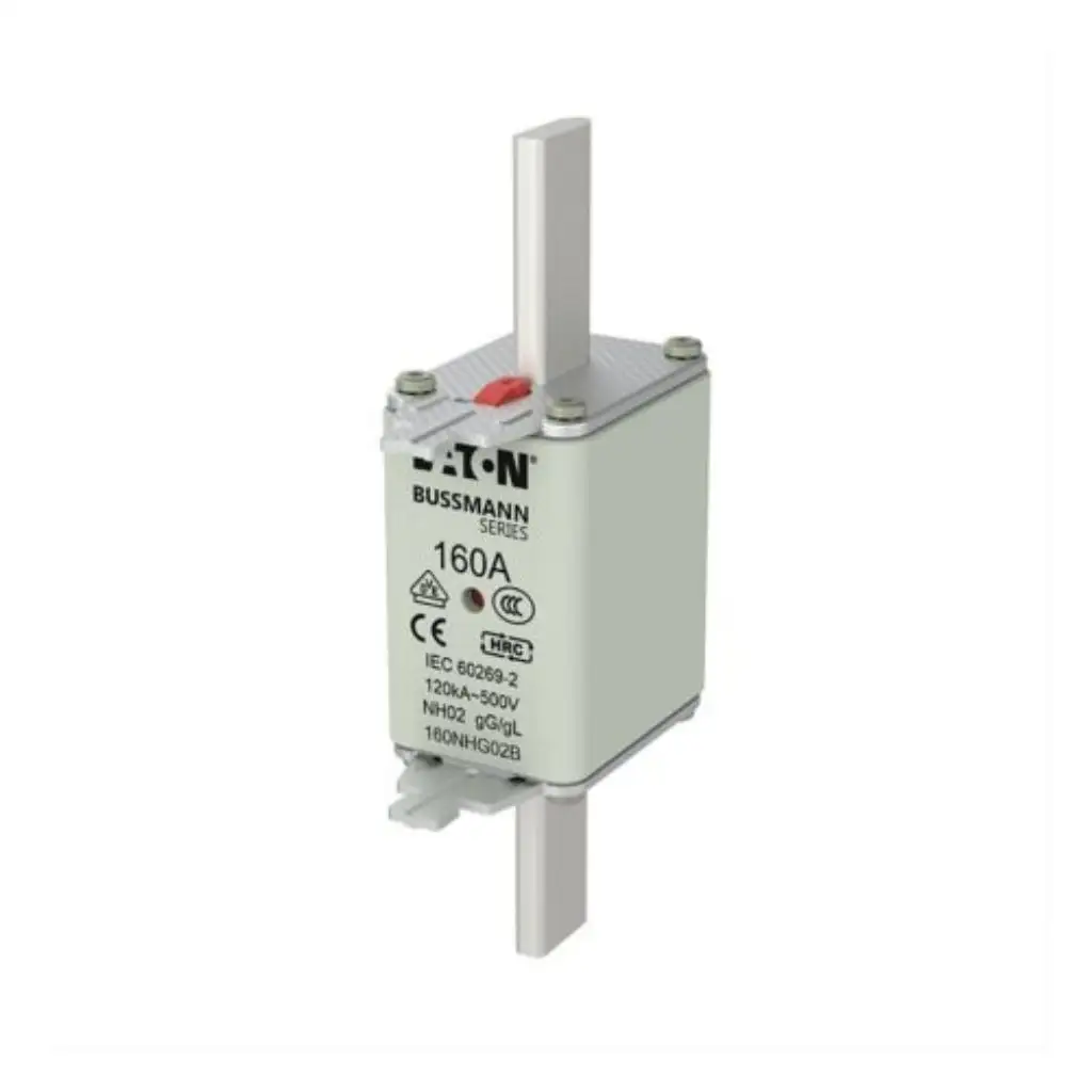 Eaton Bussmann Series 160A NH02 HRC fuse link 160NHG02B with blade contacts and red indicator on white background available from Shansen Enterprises authorized channel partner Coimbatore India