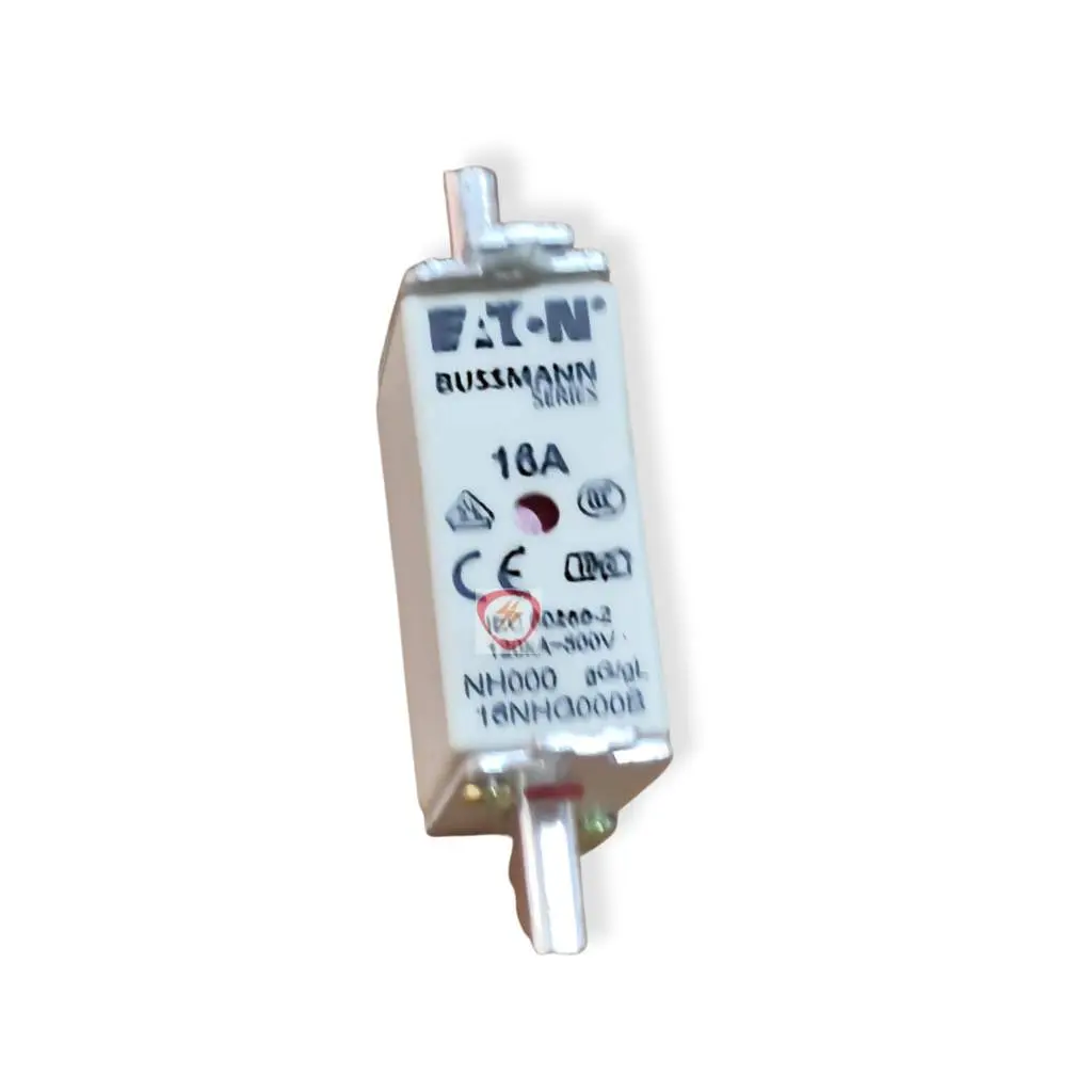 Eaton Bussmann Series 16A NH000 industrial fuse link rated 120kA at 500V with blade contacts and indicator