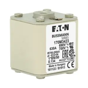 Eaton Bussmann 170M3423 630A semiconductor fuse 690V AC 200kA Class aR IEC 60269-4 for thyristors diodes IGBTs DC drives