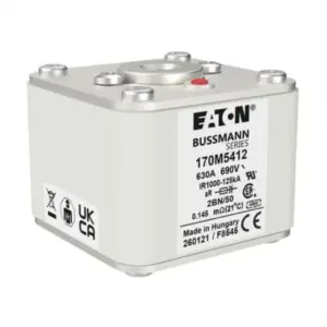 Eaton Bussmann 170M5412 high-speed square body semiconductor fuse rated 630A, 690V, Class aR, designed for fast protection of semiconductor devices and industrial power electronics systems