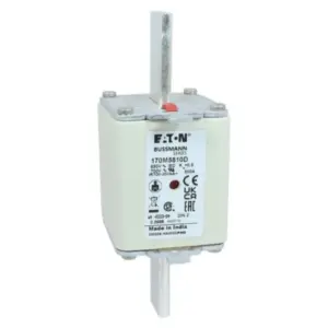 Eaton Bussmann 170M5810D high-speed square body semiconductor fuse, 500A 690V AC, Class aR DIN 2 size with knife blade contacts, showing the product label
