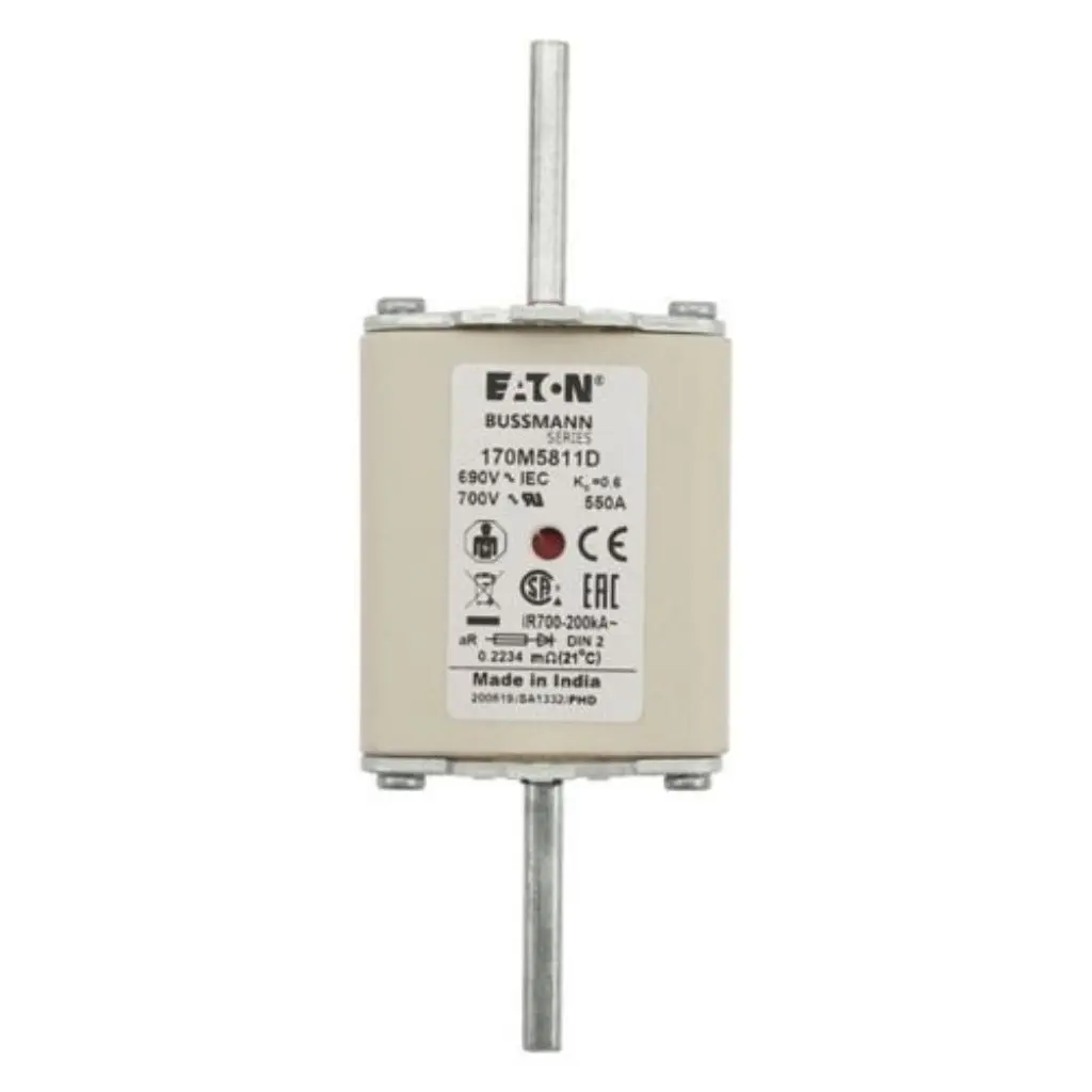 Eaton Bussmann 170M5811D high speed square body semiconductor fuse, 550A 690V AC, Class aR DIN 2 size with knife blade contacts, displaying the front product specification label