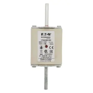 Eaton Bussmann 170M5812D high speed square body semiconductor fuse, 630A 690V AC, Class aR DIN 2 size with knife blade contacts, displaying the front product specification label