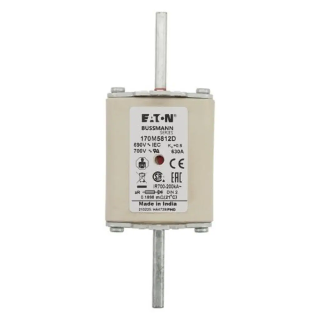 Eaton Bussmann 170M5812D high speed square body semiconductor fuse, 630A 690V AC, Class aR DIN 2 size with knife blade contacts, displaying the front product specification label