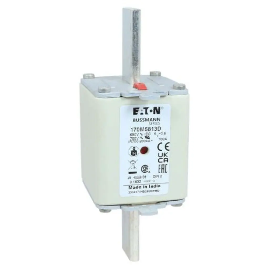 Eaton Bussmann 170M5813D high speed square body semiconductor fuse, 700A 690V AC, Class aR DIN 2 size with knife blade contacts, showing the front product label