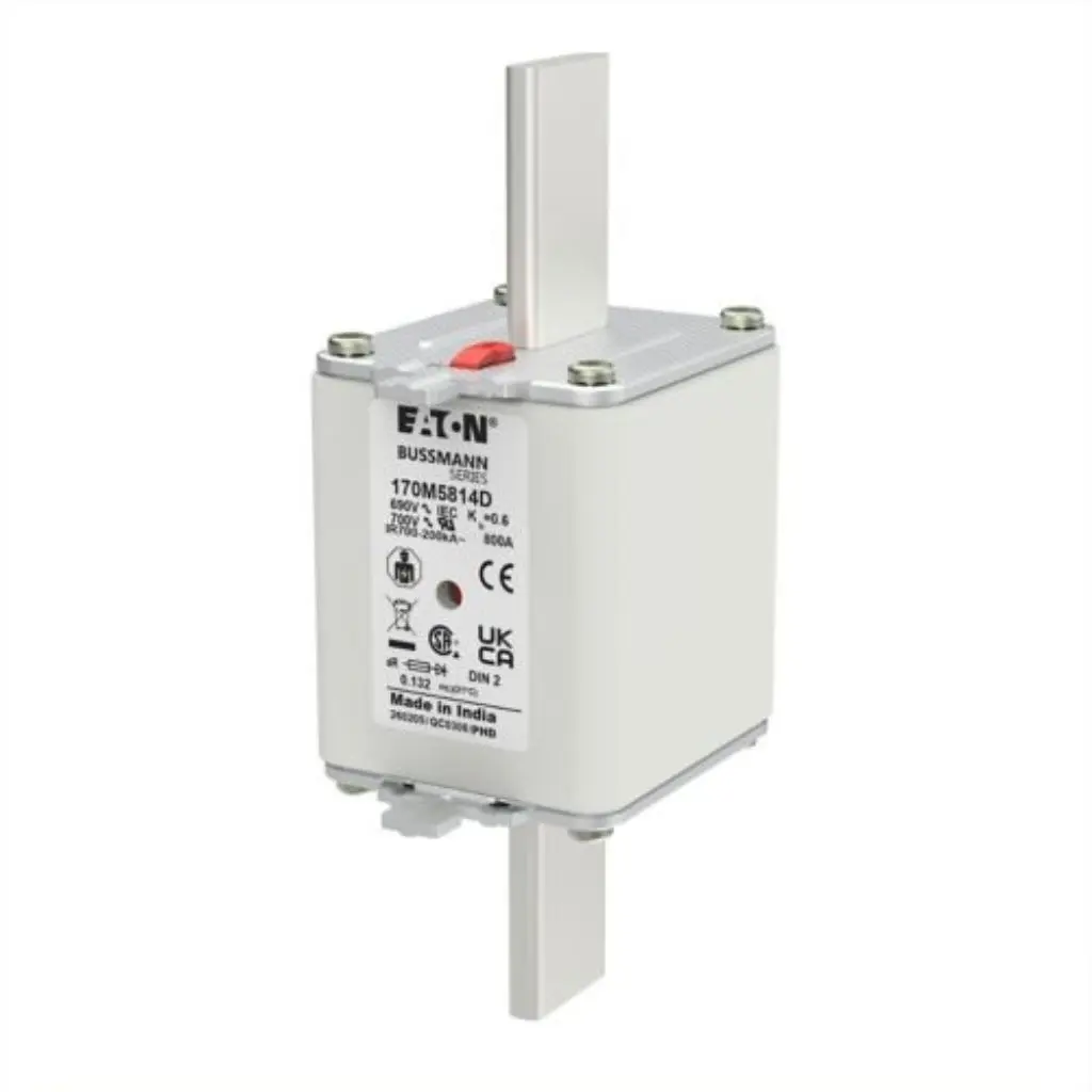 Eaton Bussmann 170M5814D high speed square body semiconductor fuse, 800A 690V AC, Class aR DIN 2 size with knife blade contacts, showing the front product label