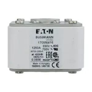 Eaton Bussmann 170M6416 1250A 690V AC Class aR high speed square body semiconductor fuse for protection of thyristors, diodes, and IGBT power devices