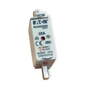 Eaton Bussmann Series 20A NH000 industrial fuse link rated 120kA at 500V with blade contacts and indicator