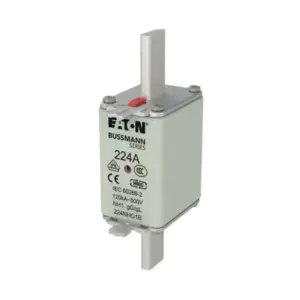 Eaton Bussmann Series 224A NH1 HRC fuse link 224NHG1B with blade contacts and red indicator on white background available from Shansen Enterprises authorized channel partner Coimbatore India