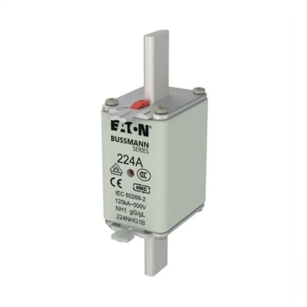 Eaton Bussmann Series 224A NH1 HRC fuse link 224NHG1B with blade contacts and red indicator on white background available from Shansen Enterprises authorized channel partner Coimbatore India