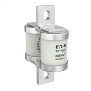 Eaton Bussmann 225MMT 225A 690V AC Class aR high-speed double barrel BS88 semiconductor fuse for protection of DC drives, VFDs, and industrial power electronics.