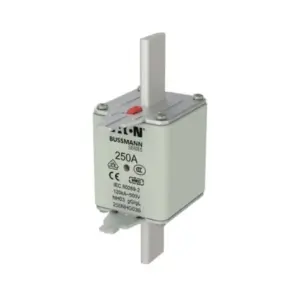 Eaton Bussmann Series 250A NH03 HRC fuse link 250NHG03B with blade contacts and red indicator on white background available from Shansen Enterprises authorized channel partner Coimbatore India