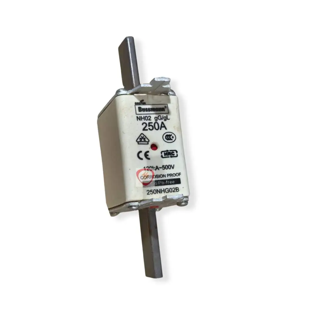 Eaton Bussmann Series 250A NH02 industrial fuse link rated 120kA at 500V with blade contacts and indicator