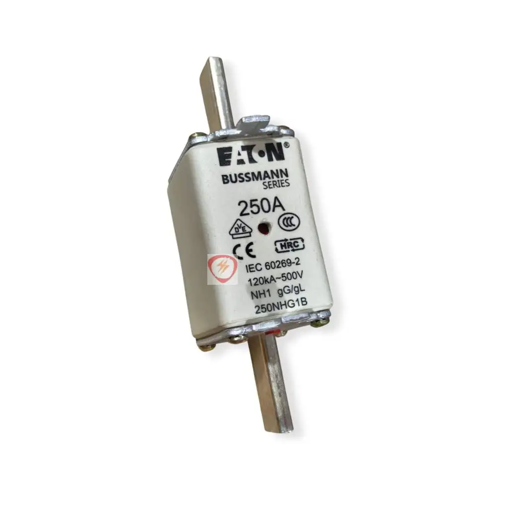Eaton Bussmann Series 250A NH1 industrial fuse link rated 120kA at 500V with blade contacts and indicator