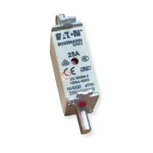 Eaton Bussmann Series 25A NH000 industrial fuse link rated 120kA at 500V with blade contacts and indicator