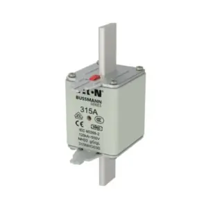 Eaton Bussmann Series 315A NH03 HRC fuse link 315NHG03B with blade contacts and red indicator on white background available from Shansen Enterprises authorized channel partner Coimbatore India