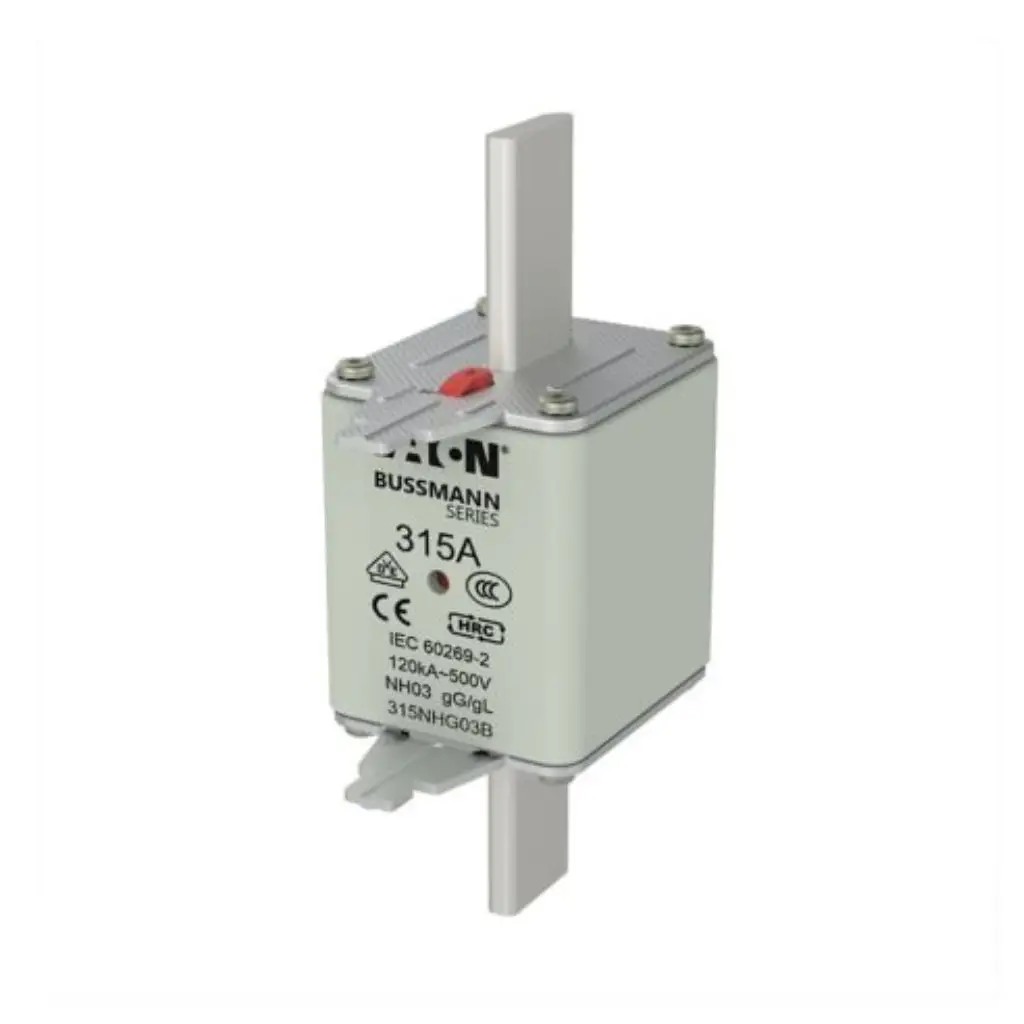 Eaton Bussmann Series 315A NH03 HRC fuse link 315NHG03B with blade contacts and red indicator on white background available from Shansen Enterprises authorized channel partner Coimbatore India