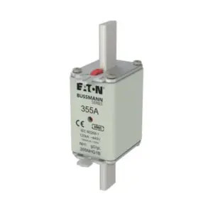 Eaton Bussmann Series 355A NH1 HRC fuse link 355NHG1B with blade contacts and red indicator on white background available from Shansen Enterprises authorized channel partner Coimbatore India