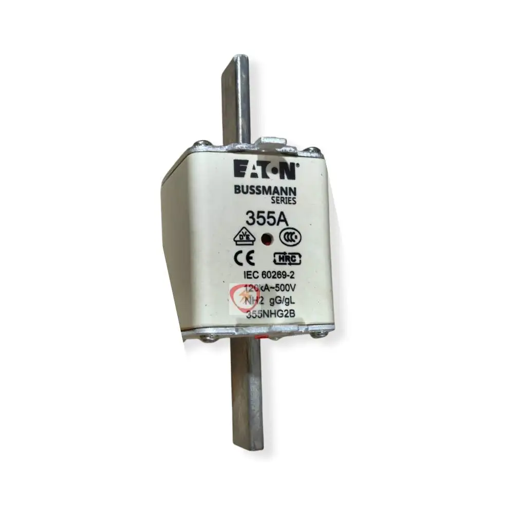 Eaton Bussmann Series 355A NH2 industrial fuse link rated 120kA at 500V with blade contacts and indicator
