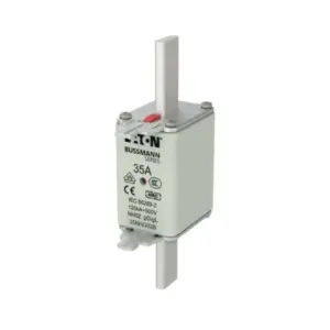 Eaton Bussmann Series 35A NH02 HRC fuse link 35NHG02B with blade contacts and red indicator on white background available from Shansen Enterprises authorized channel partner Coimbatore India