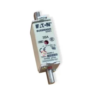 Eaton Bussmann Series 35A NH000 industrial fuse link rated 120kA at 690V with blade contacts and indicator