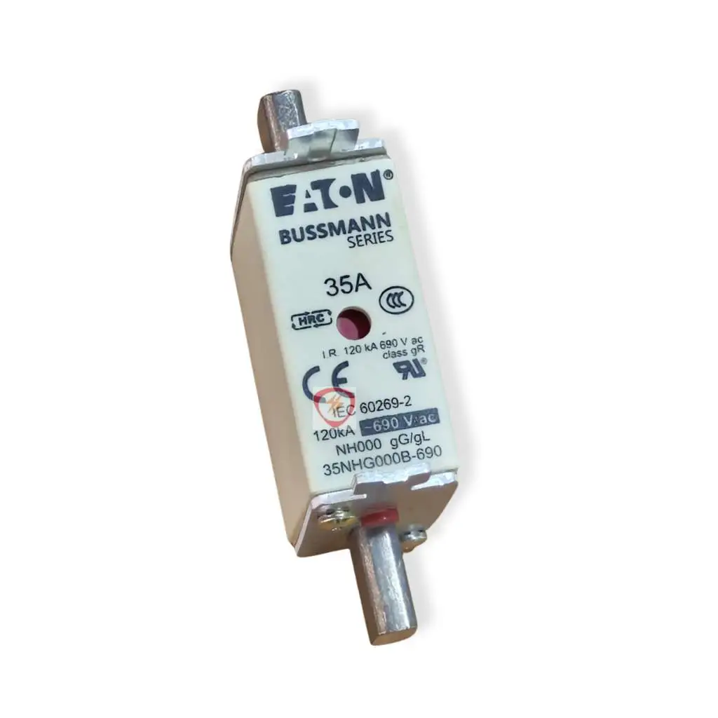 Eaton Bussmann Series 35A NH000 industrial fuse link rated 120kA at 690V with blade contacts and indicator