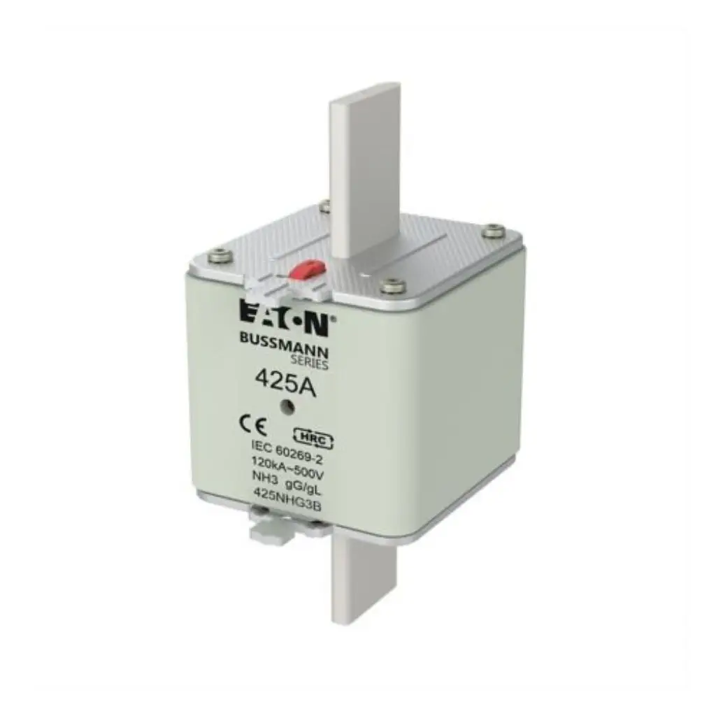 Eaton Bussmann Series 425A NH3 HRC fuse link 425NHG3B with blade contacts and red indicator on white background available from Shansen Enterprises authorized channel partner Coimbatore India