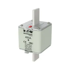 Eaton Bussmann Series 450A NH3 HRC fuse link 450NHG3B with blade contacts and red indicator on white background available from Shansen Enterprises authorized channel partner Coimbatore India