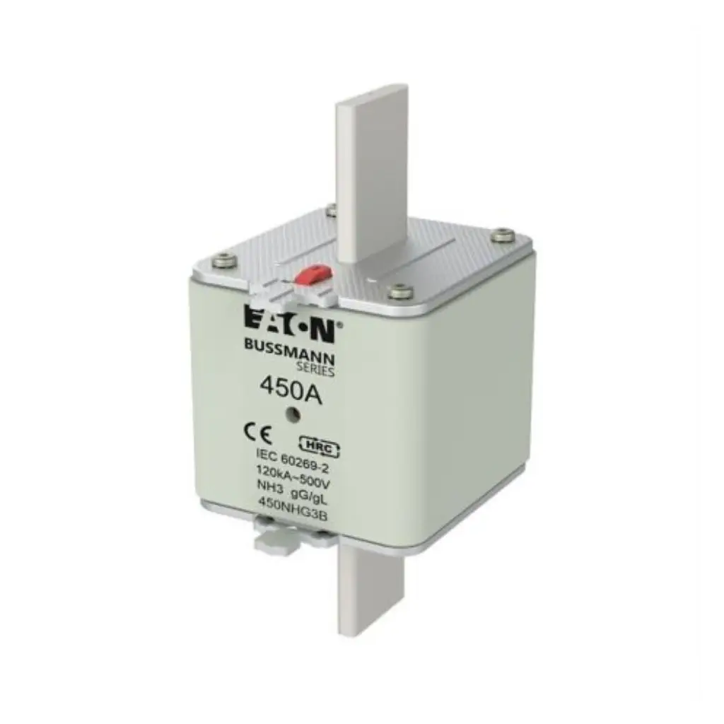 Eaton Bussmann Series 450A NH3 HRC fuse link 450NHG3B with blade contacts and red indicator on white background available from Shansen Enterprises authorized channel partner Coimbatore India
