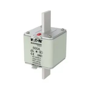 Eaton Bussmann Series 500A NH3 HRC fuse link 500NHG3B with blade contacts and red indicator on white background available from Shansen Enterprises authorized channel partner Coimbatore India