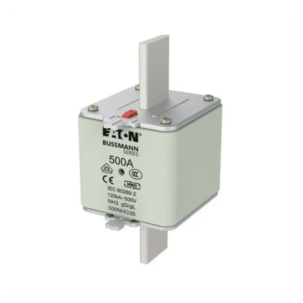 Eaton Bussmann Series 500A NH3 HRC fuse link 500NHG3B with blade contacts and red indicator on white background available from Shansen Enterprises authorized channel partner Coimbatore India