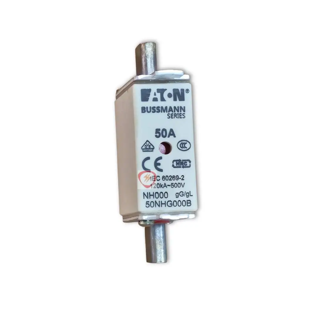 Eaton Bussmann Series 50A NH000 industrial fuse link rated 120kA at 500V with blade contacts and indicator