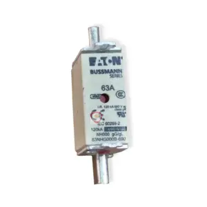 Eaton Bussmann Series 63A NH000 industrial fuse link rated 120kA at 690V ac with blade contacts and indicator