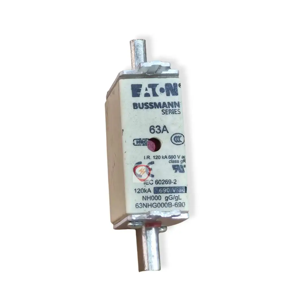 Eaton Bussmann Series 63A NH000 industrial fuse link rated 120kA at 690V ac with blade contacts and indicator