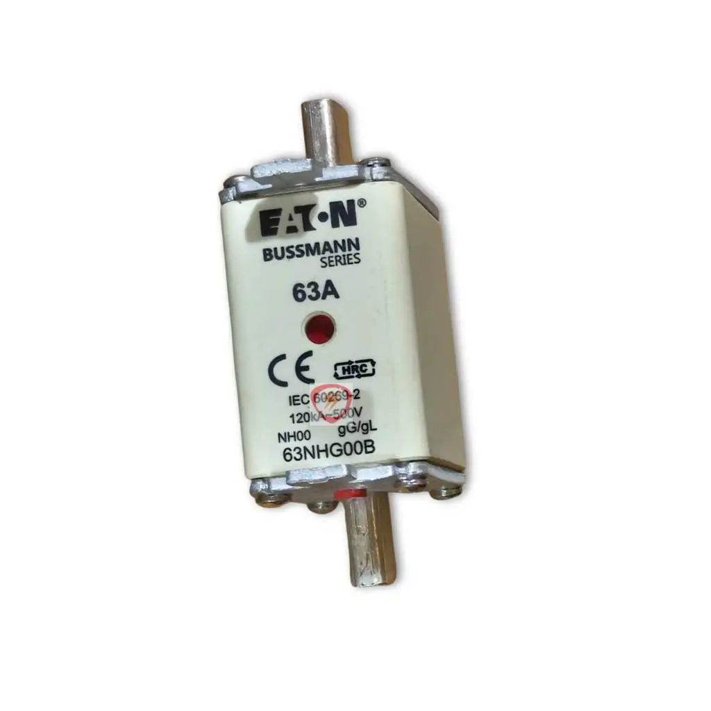 Eaton Bussmann Series 63A NH00 industrial fuse link rated 120kA at 500V with blade contacts and indicator
